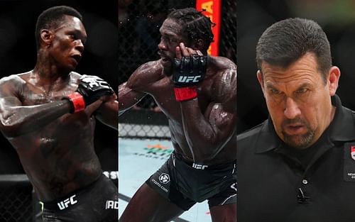 Israel Adesanya [left], Jared Cannonier [center], John McCarthy [right]