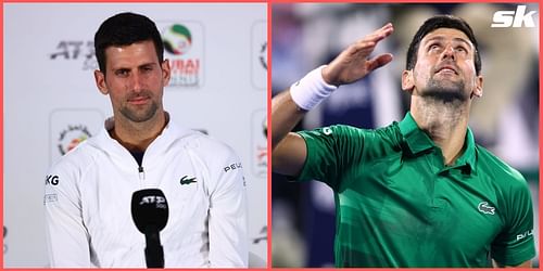 Novak Djokovic speaking to the press in Dubai (L) and during his first-round match.