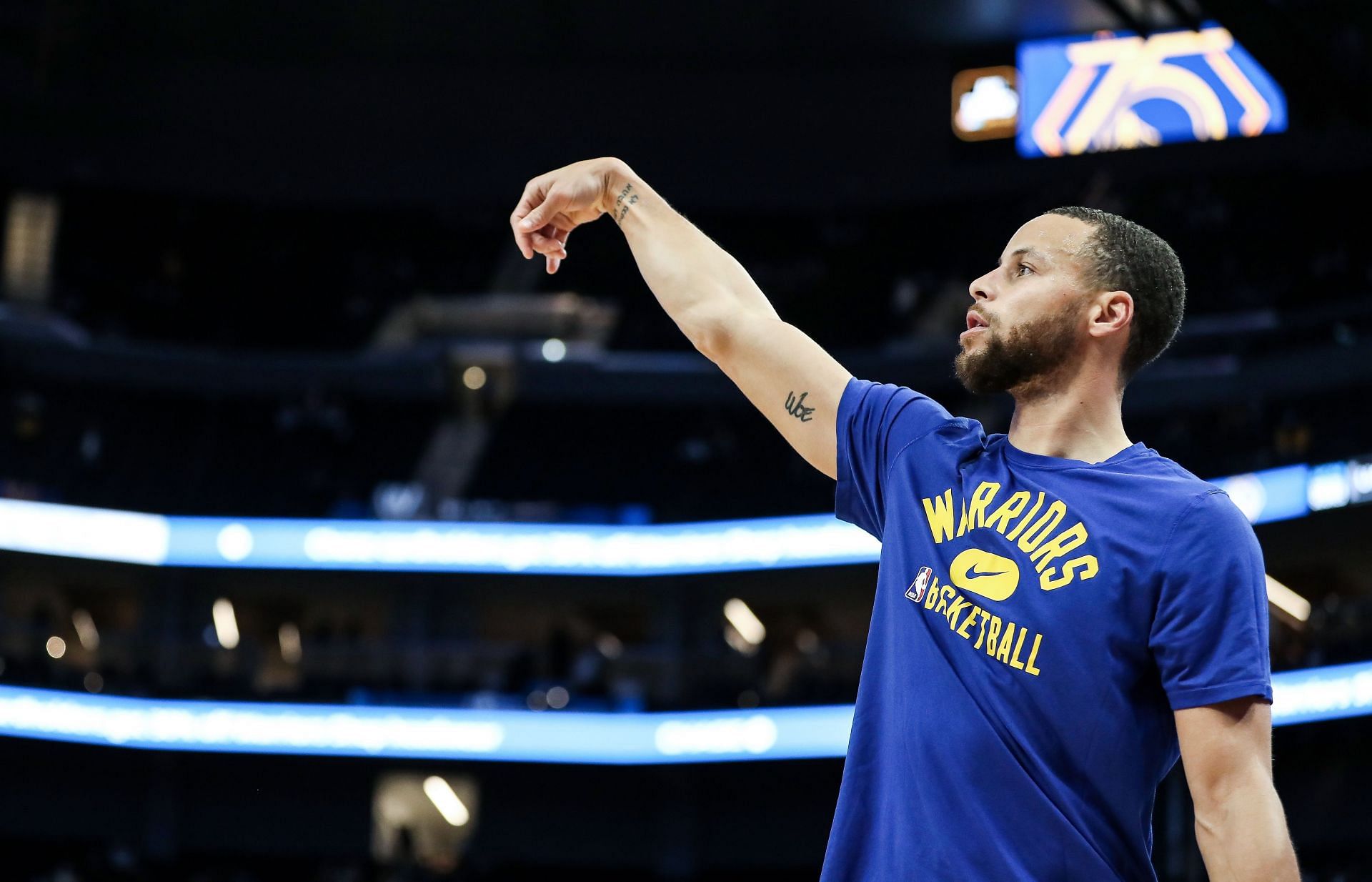 Steph Curry of the Golden State Warriors warms up before a game against the Brooklyn Nets on Jan. 29 in San Francisco, California.