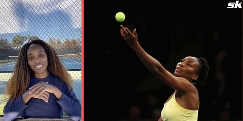 Venus Williams pictured at a practice court (L) and serving (R)