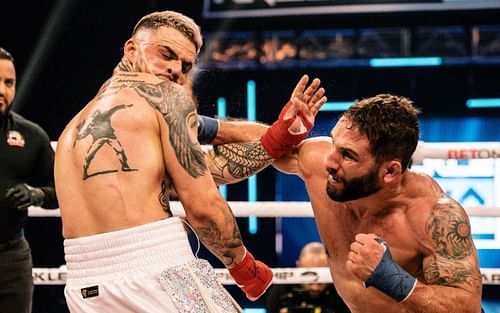 Chad Mendes (right) in action against Joshuah Alvarez (left) at BKFC KnuckleMania 2. Image via. Instagram/bareknucklefc