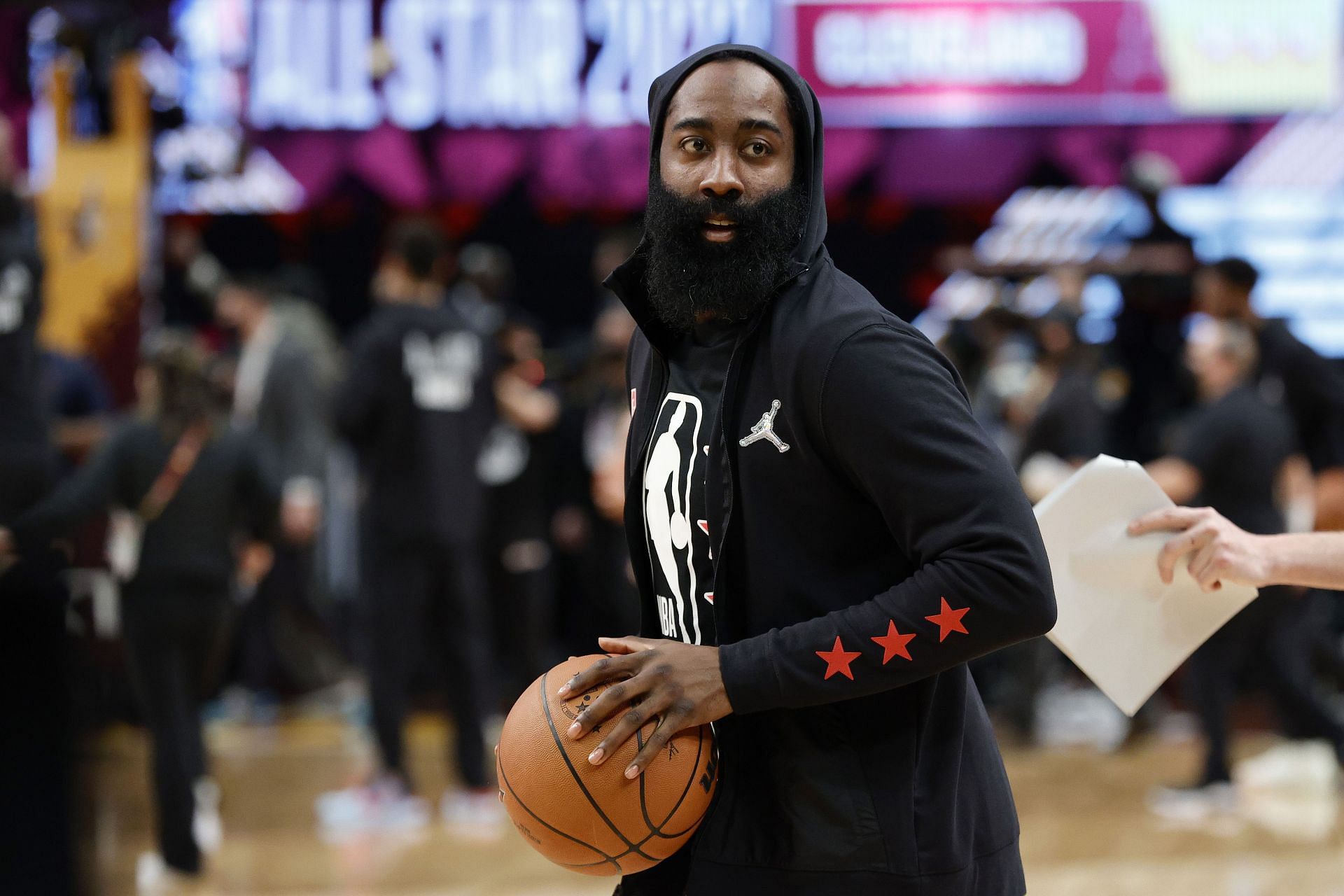 Enter caption Enter caption James Harden of Team LeBron warms up before the All-Star Game on Sunday in Cleveland, Ohio.