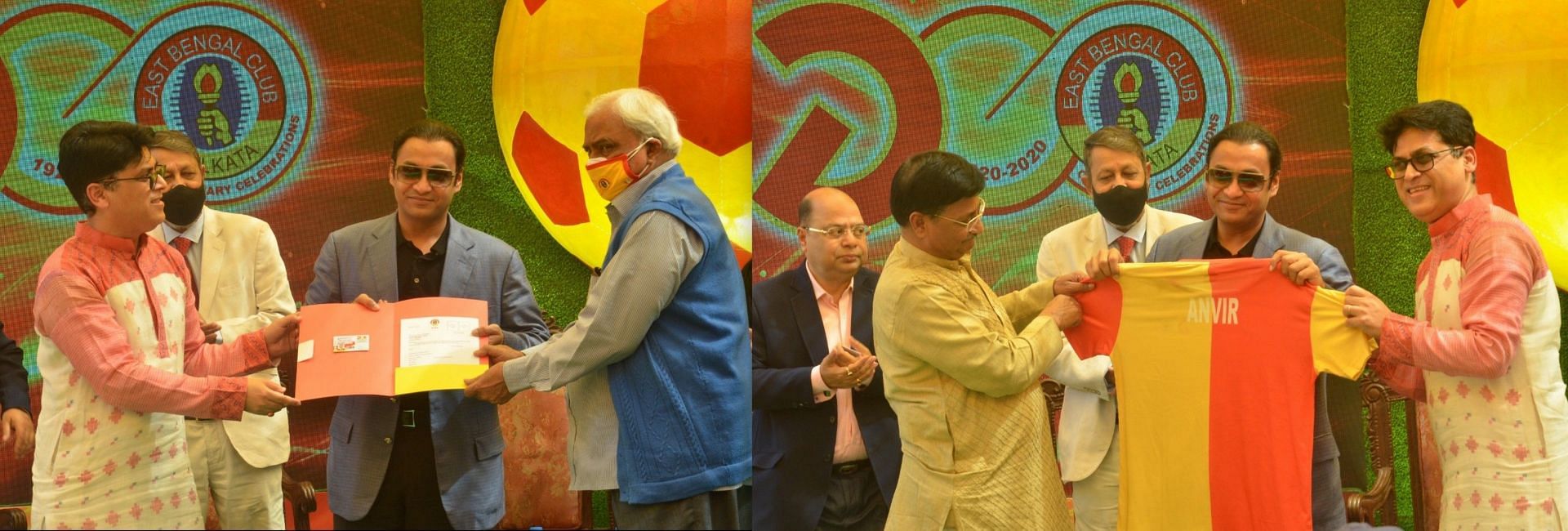 East Bengal officials felicitate Sayem Sobhan Anvir (centre) with the club&#039;s jersey and lifetime membership kit.