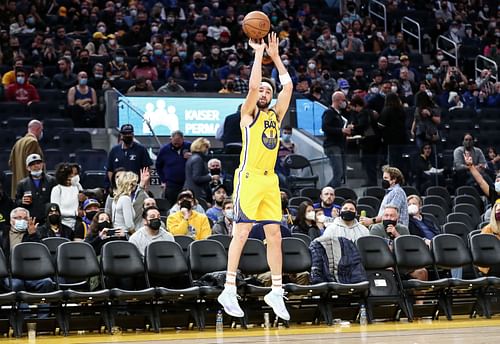 Golden State Warriors star Klay Thompson attempts a three-point shot