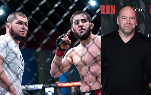 Khabib Nurmagomedov (left), Islam Makhachev (left) & Dana White (right) [Image Credits- @ufc on Twitter]