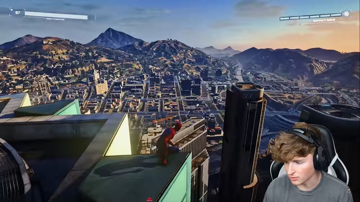 This city needs a hero, in GTA 5 using mods (Image via YouTube @Caylus)
