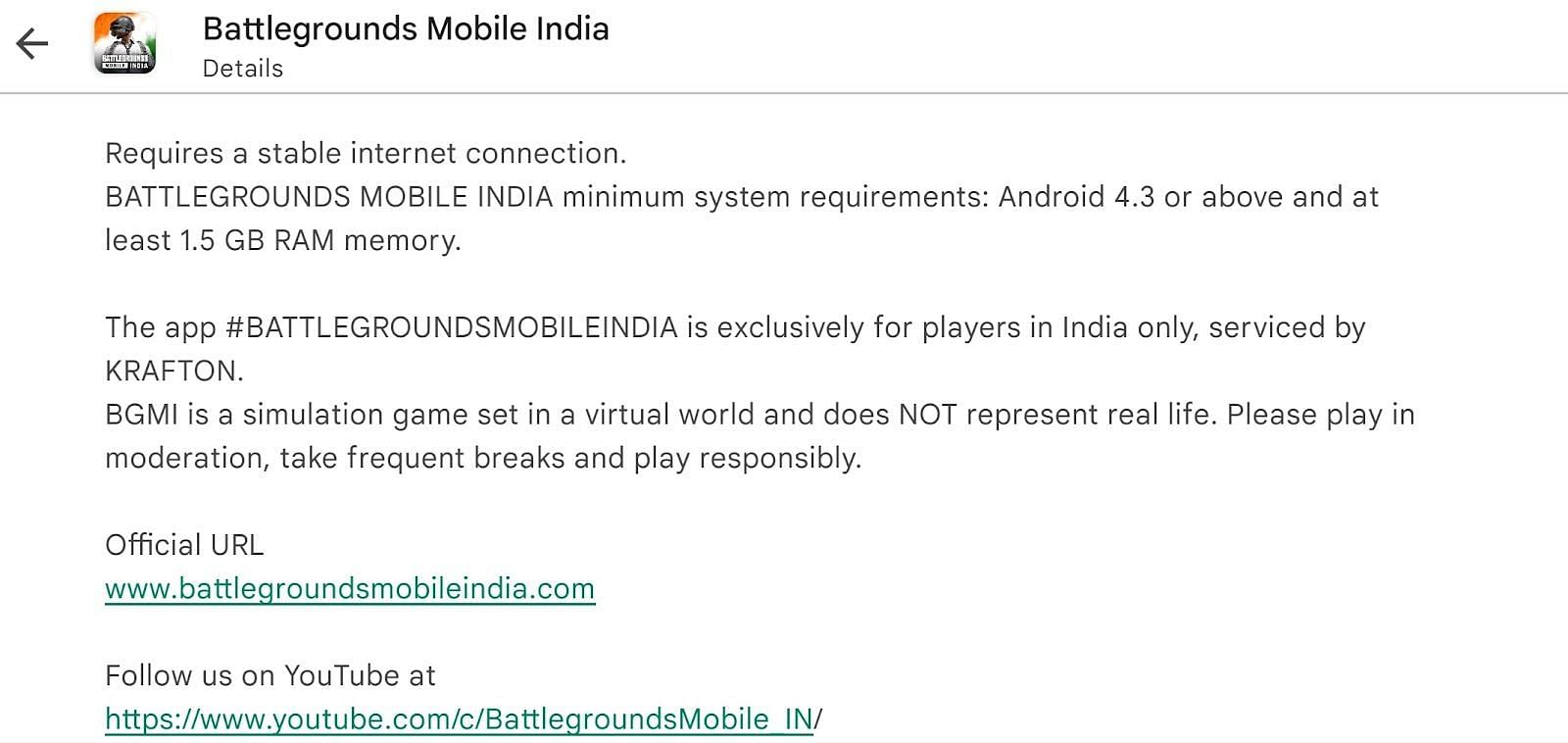 Gamers need a device with at least 1.5 GB RAM to download Battlegrounds Mobile India (Image via Google Play Store)