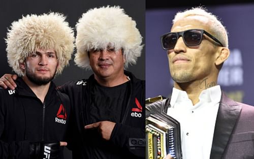 Khabib Nurmagomedov (left); Javier Mendez (center); Charles Oliveira (right)