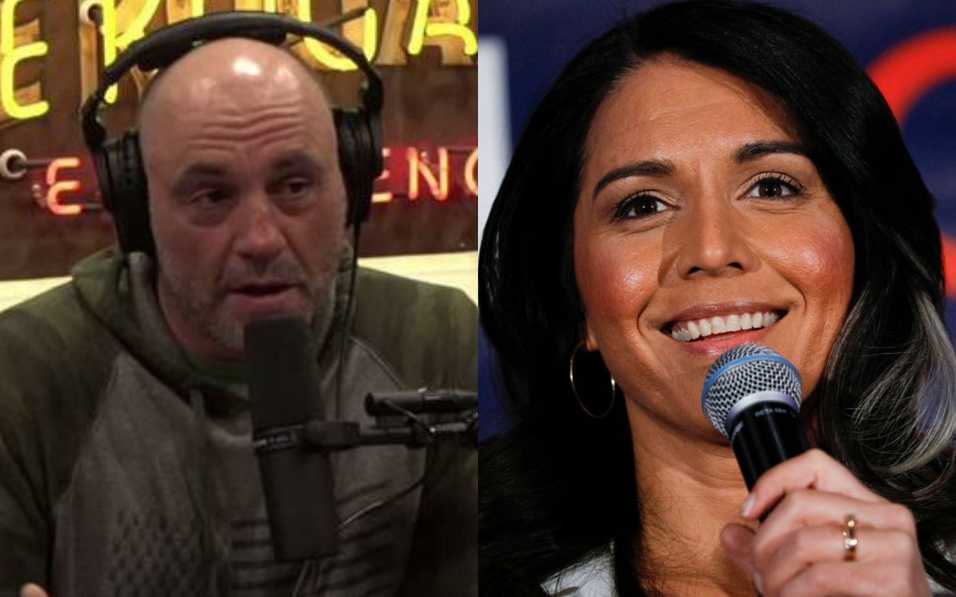 Joe Rogan (left), Tulsi Gabbard (right) [Photo credit: YouTube &amp; @realDailyWire on Twitter]