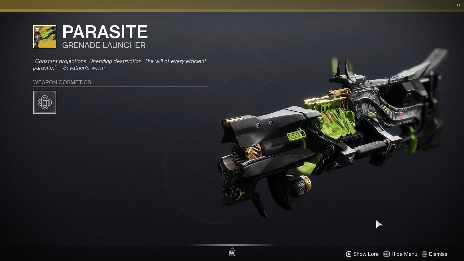 The Parasite Exotic Grenade Launcher (Image via Bungie)