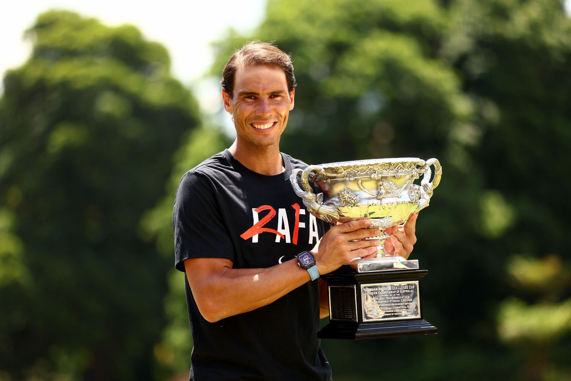 Rafael Nadal with the Norman Brookes Challenge Cup in Melbourne last month