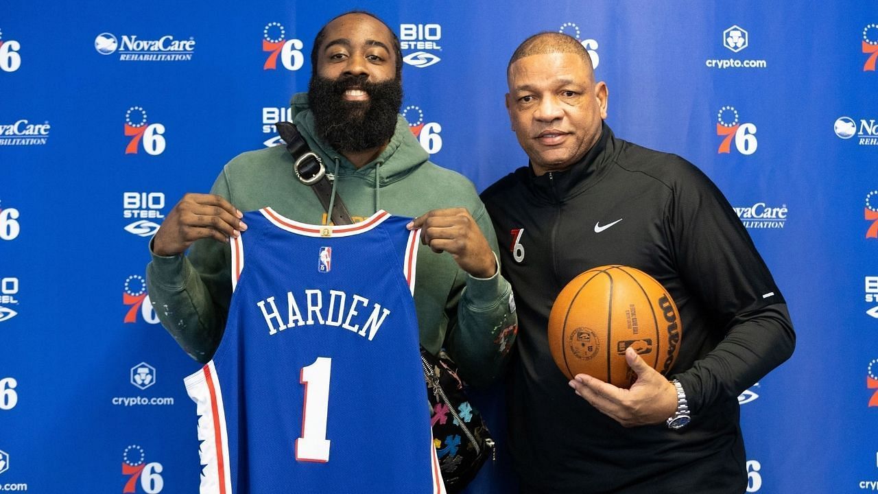 James Harden with Philadelphia 76ers head coach Doc Rivers (right)