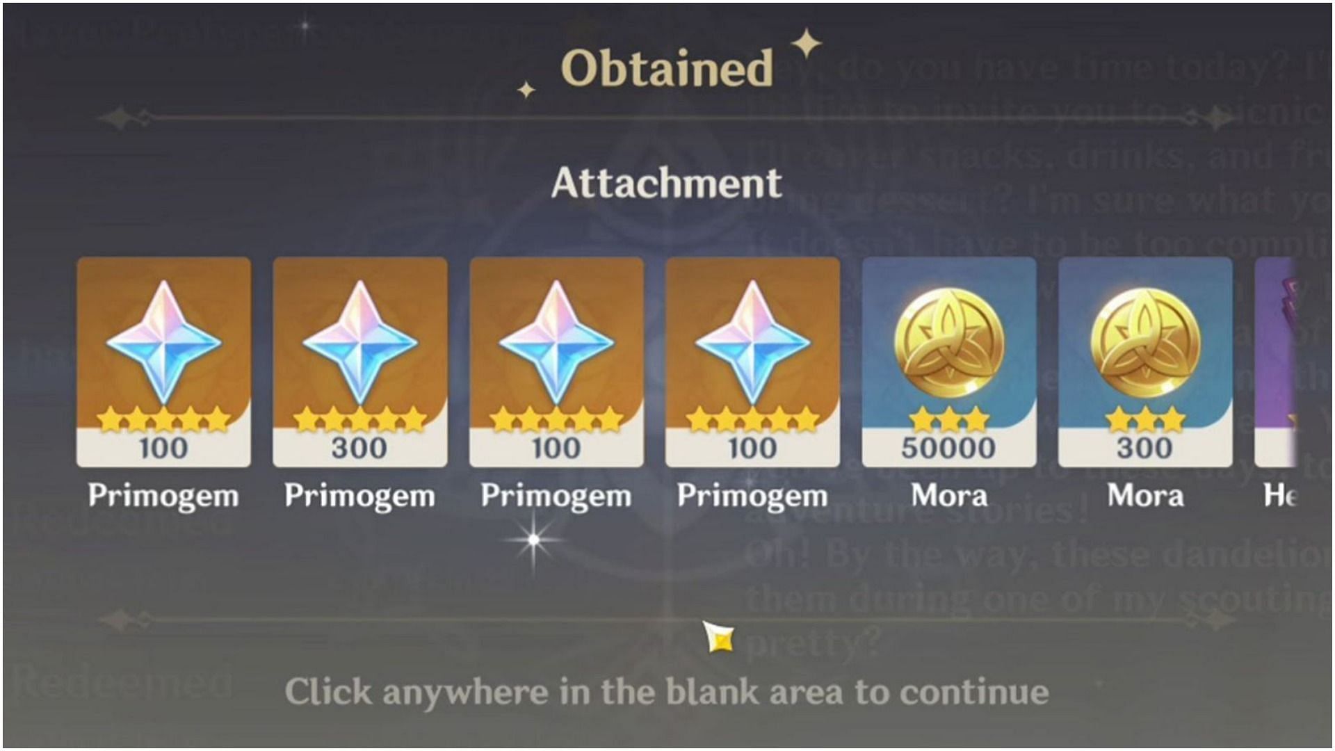 Genshin Impact rewards after redeeming codes in-game (Image via MiHoYo)