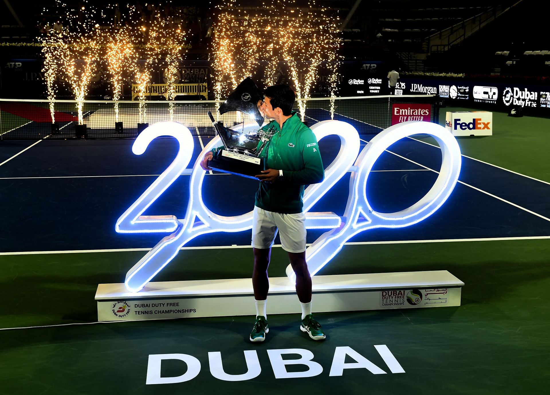 Novak Djokovic celebrates winning the 2020 Dubai Championships
