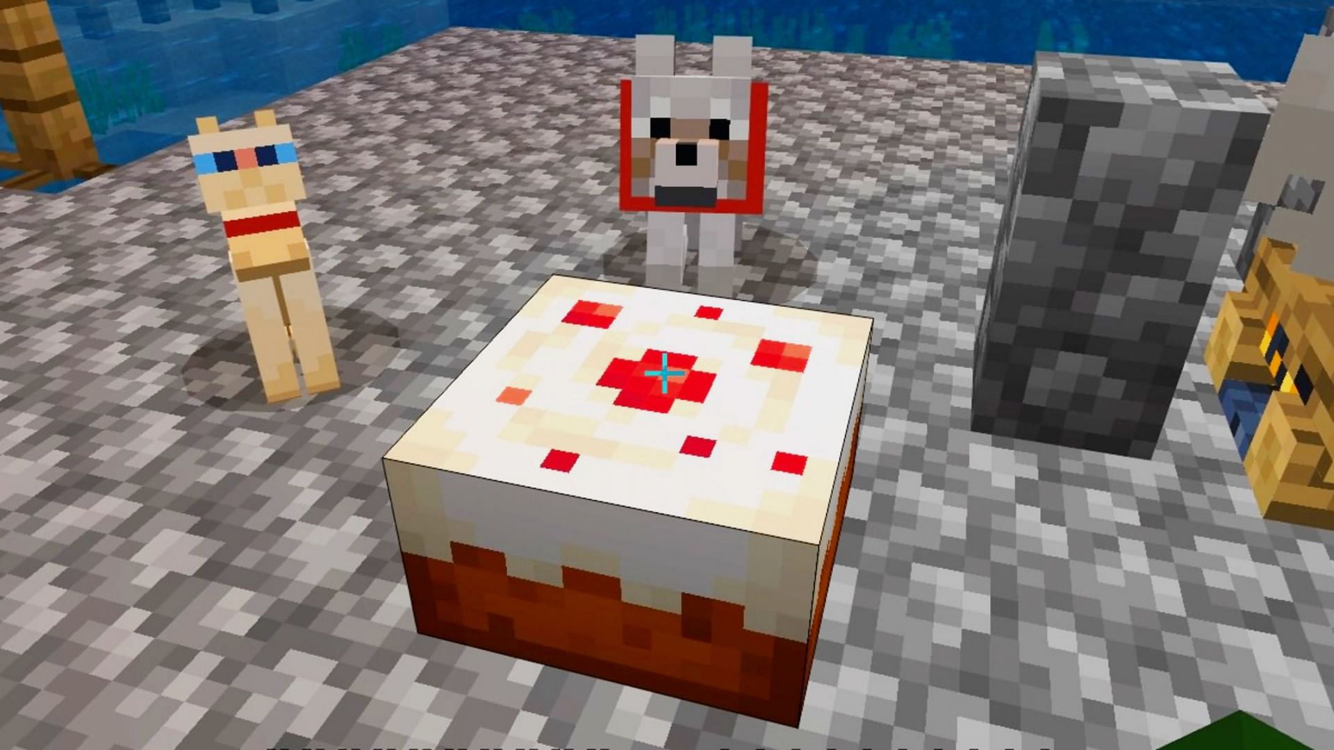 A cat and tamed wolf keeping an eye on a player&#039;s Cake (Image via Vgkami)