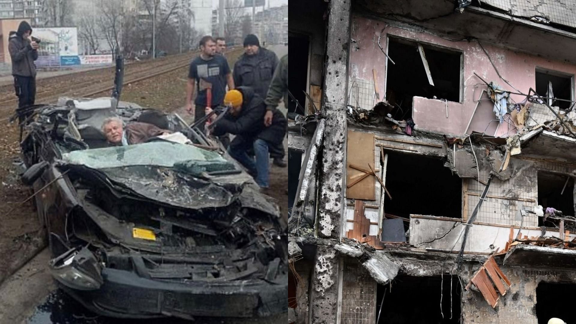 A Russian tank allegedly ran over a civilian&rsquo;s car in Ukraine amid the ongoing conflict between the countries (Image via whossiry/Twitter and Genya Savilov/Getty Images)