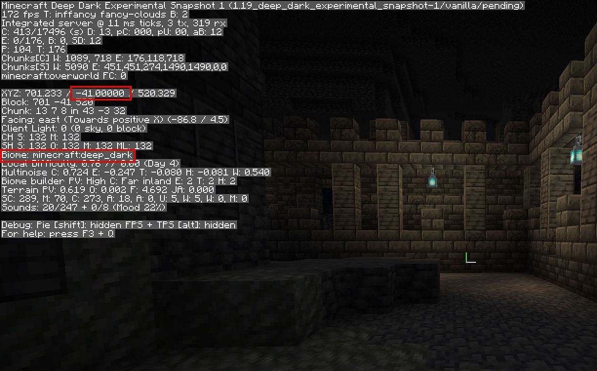Look for deep dark biome and Y level -41 (Image via Minecraft)