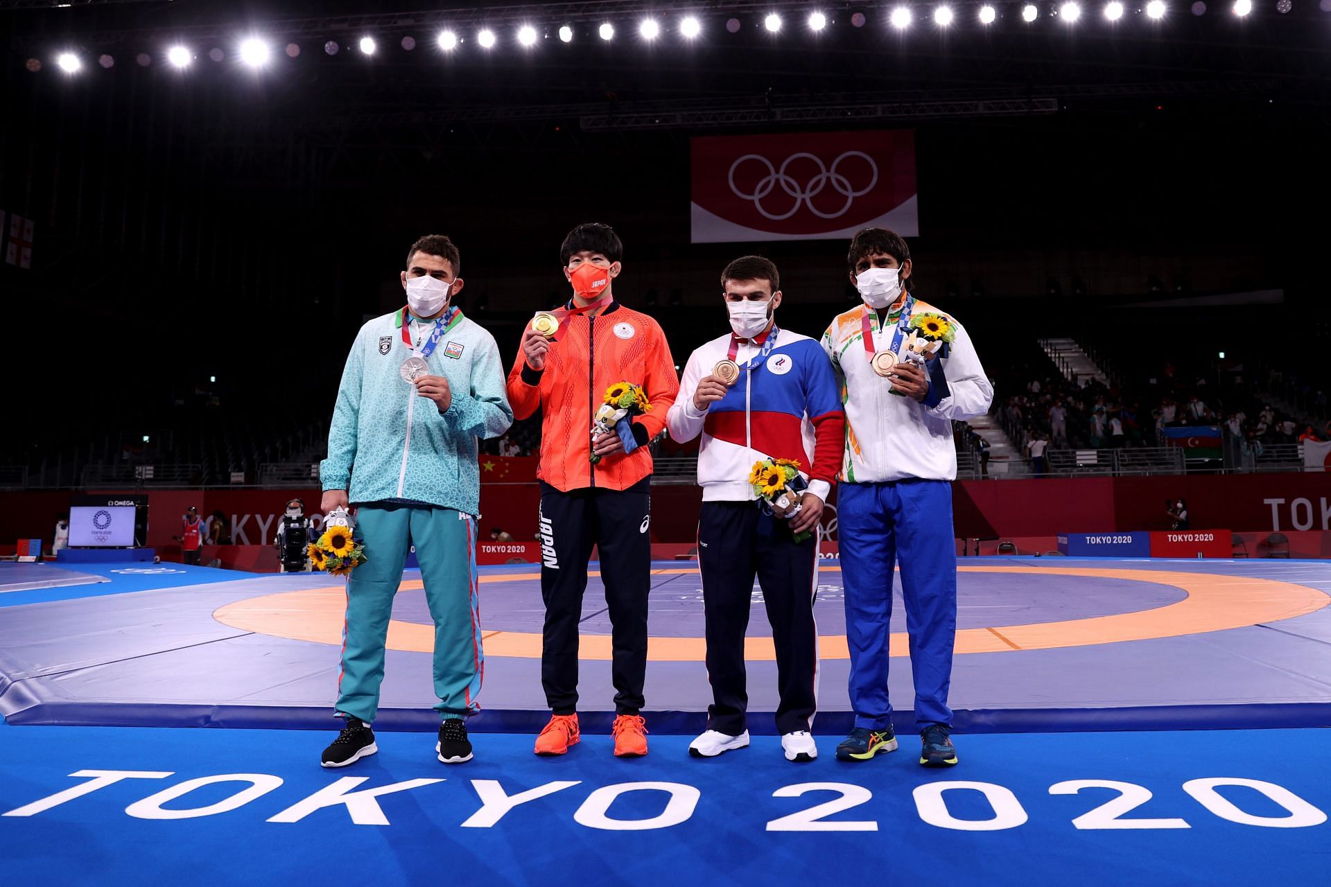 Bajrang Punia (extreme right) at the Tokyo Olympics