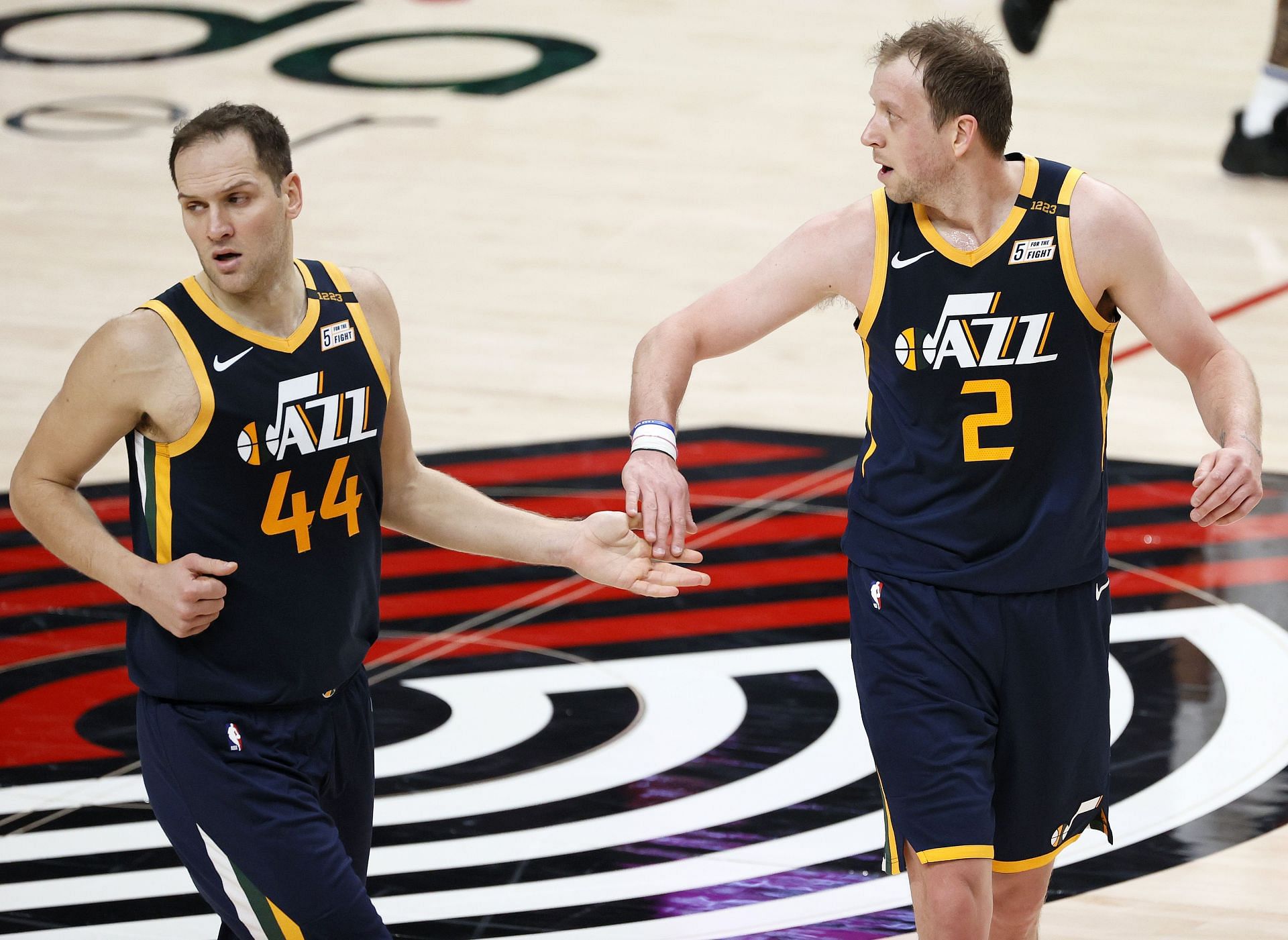 Bojan Bogdanovic and Joe Ingles of the Utah Jazz