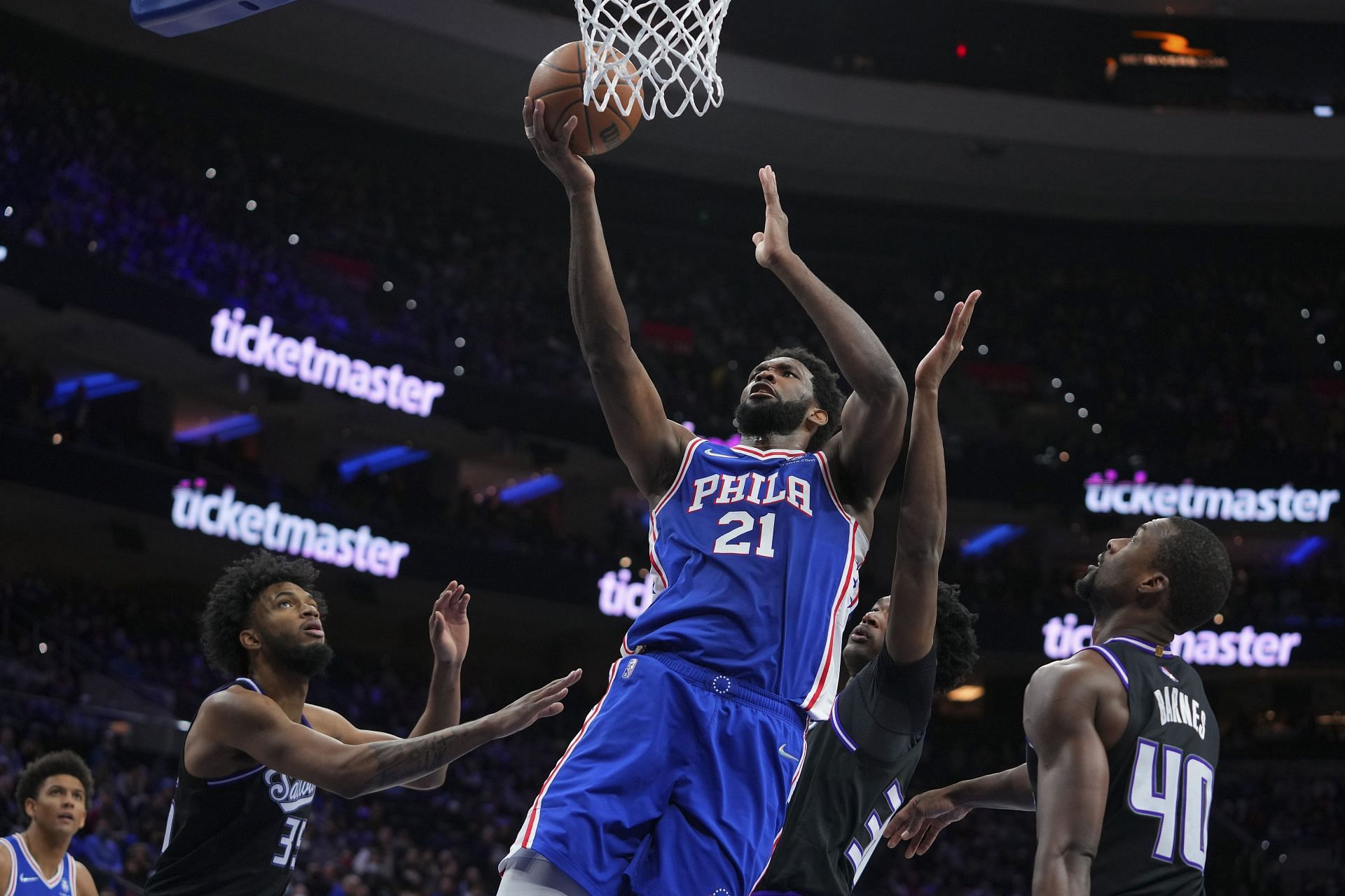 Philadelphia 76ers All-Star Joel Embiid going up for a layup