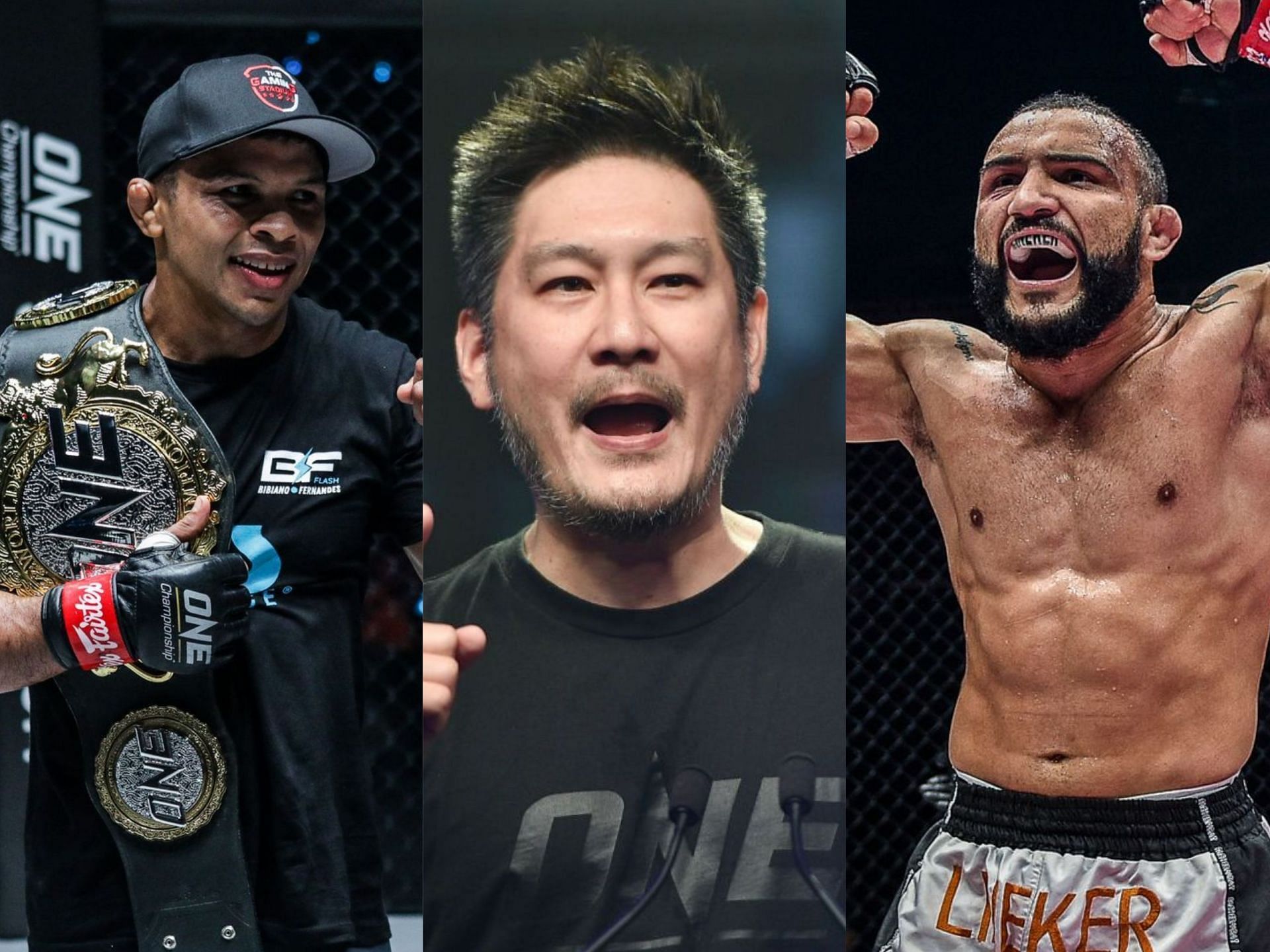 Chatri Sityodtong (center) shares his views on Bibiano Fernandes (left) versus John Lineker (right). [Photo: ONE Championship]
