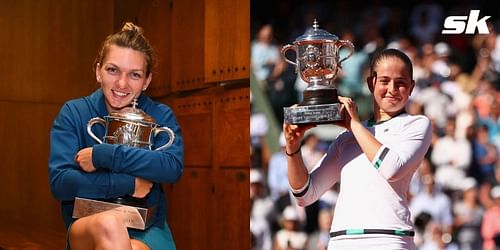 Simona Halep (L) and Jelena Ostapenko