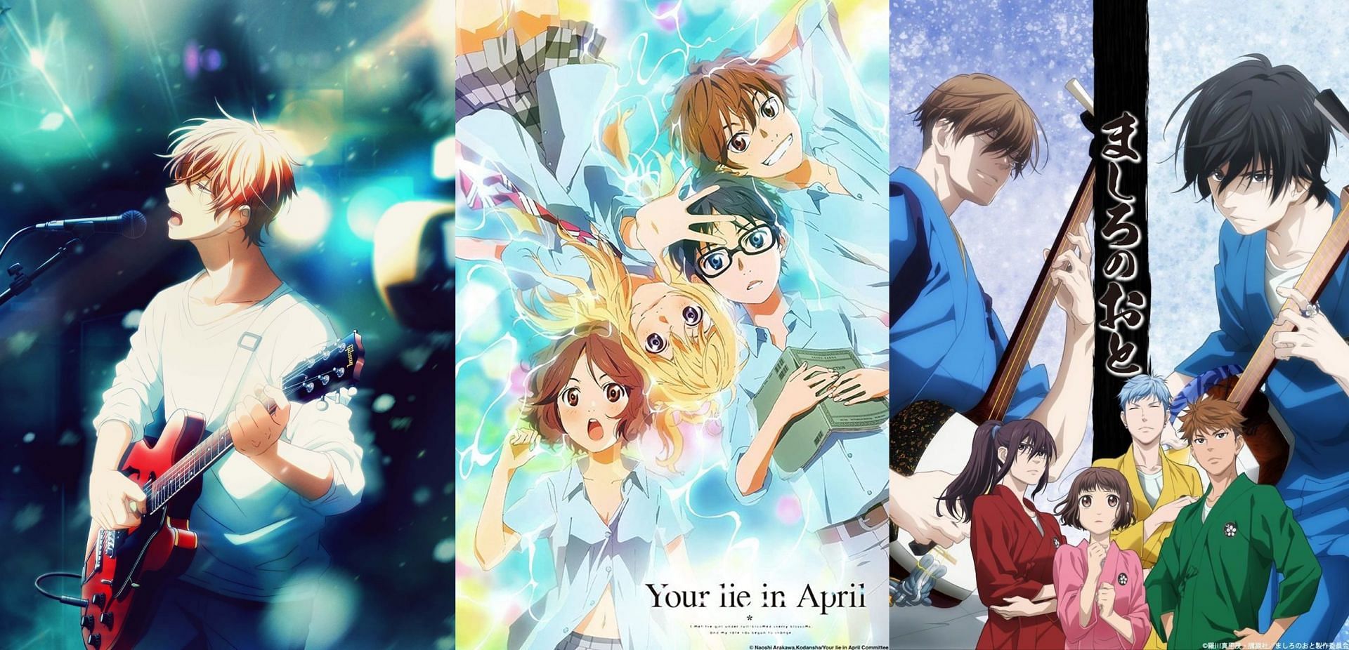 Official art for three musical anime: Given, Your Lie in April, and Mashiro no Oto (Image via Sportskeeda)