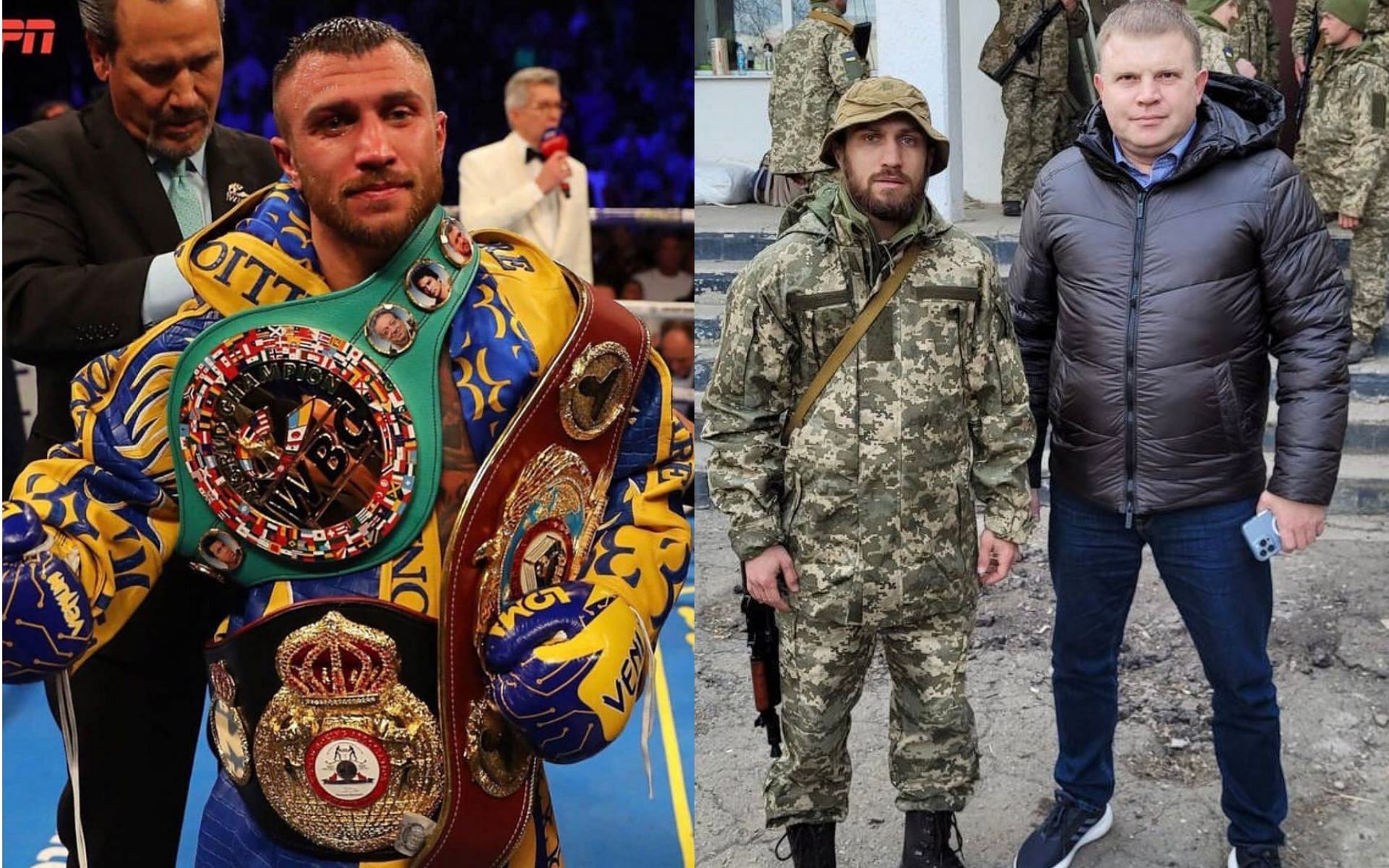 Vasyl Lomachenko with his belts (left) and in his army fatigue (right)