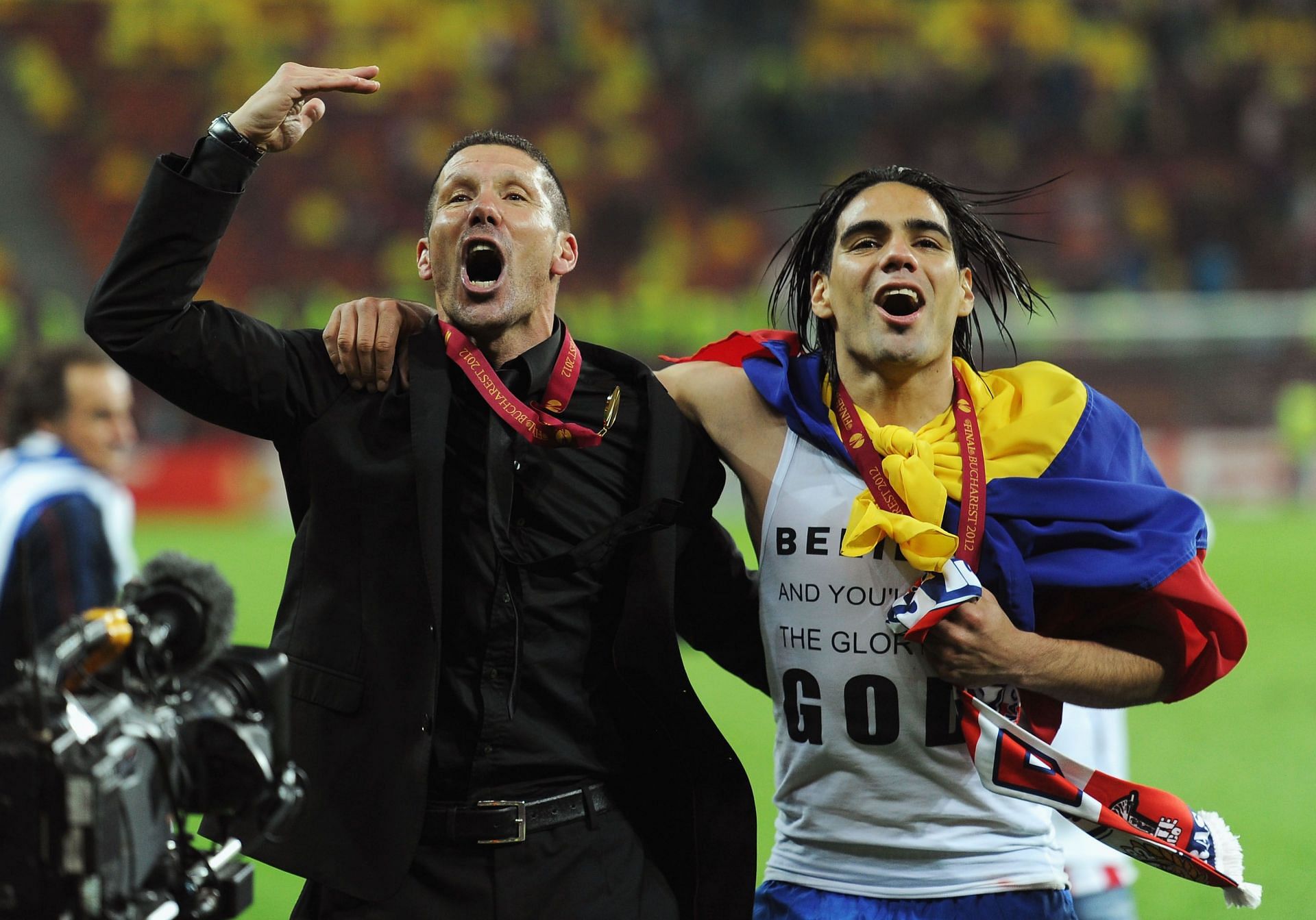 Diego Simeone (left) and Radamel Falcao celebrate Atletico Madrid&#039;s UEFA Europe League title.