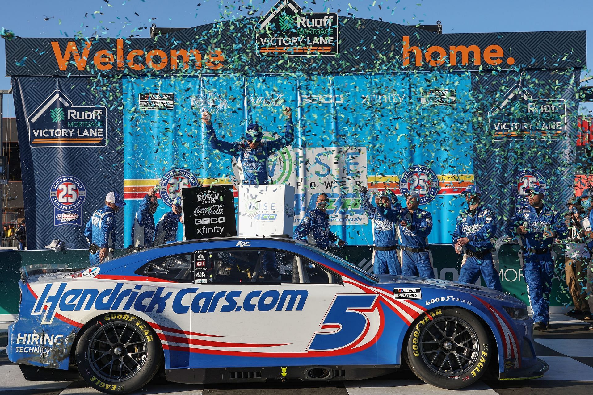 Kyle Larson celebrates in the Ruoff Mortgage victory lane after winning WISE Power 400 at Auto Club Speedway