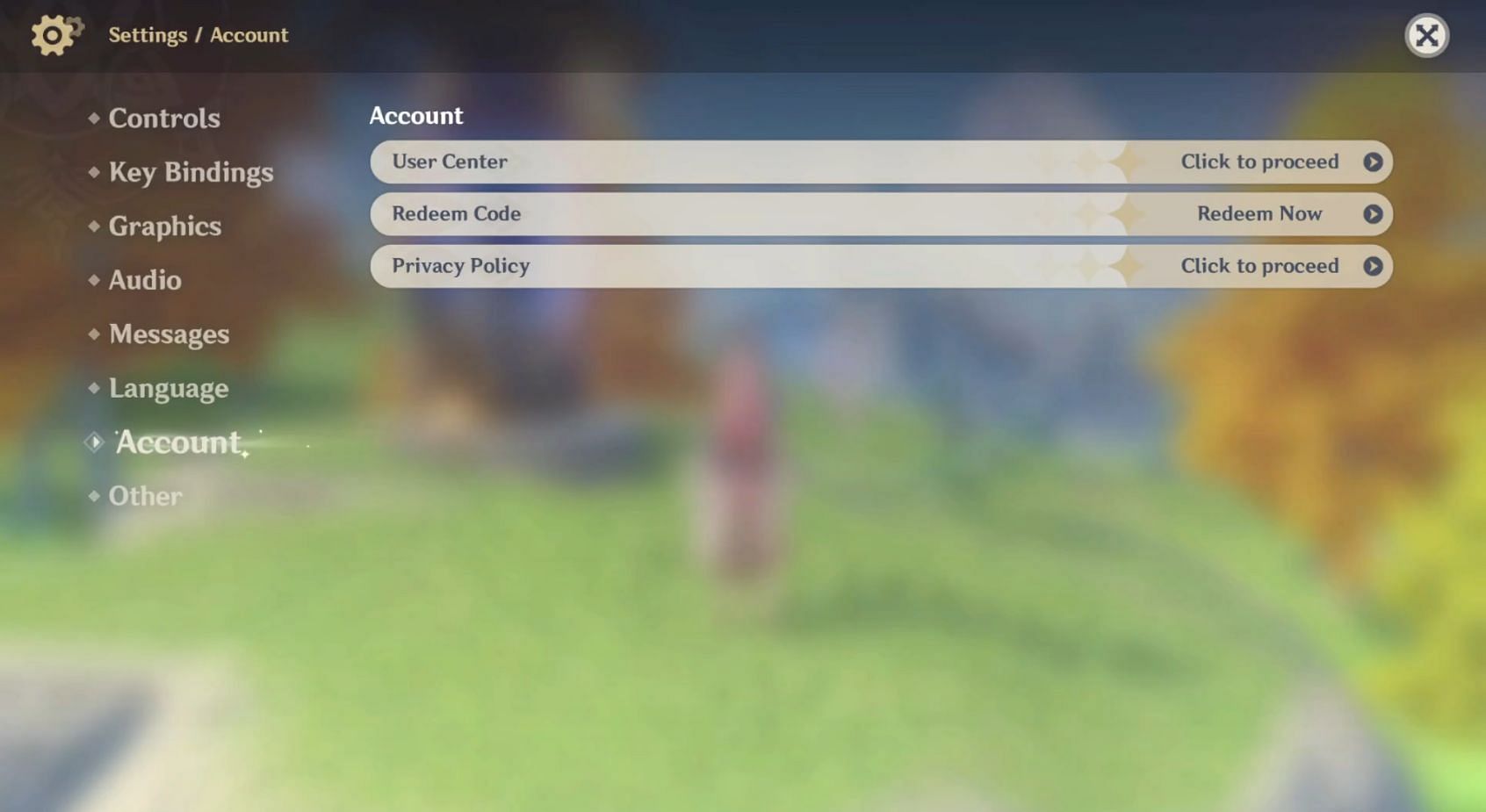 Open the Settings&gt;Account&gt;Redeem Code (Image via HoYoverse)