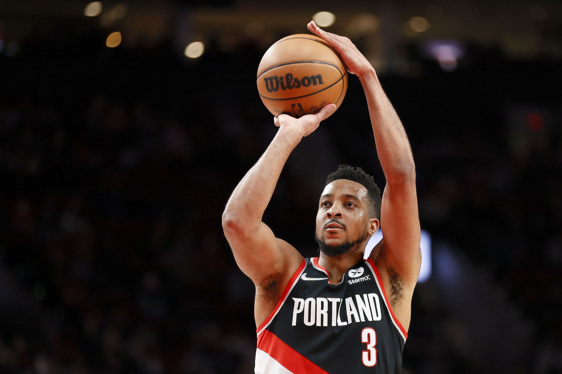 PORTLAND, OREGON - JANUARY 25: CJ McCollum #3 of the Portland Trail Blazers attempts a free throw against the Minnesota Timberwolves during the first half at Moda Center on January 25, 2022 in Portland, Oregon.