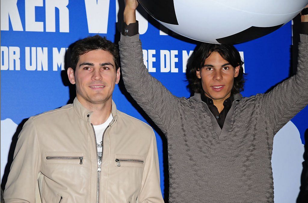 Nadal (R) with former Real Madrid goalkeeper Iker Casillas 