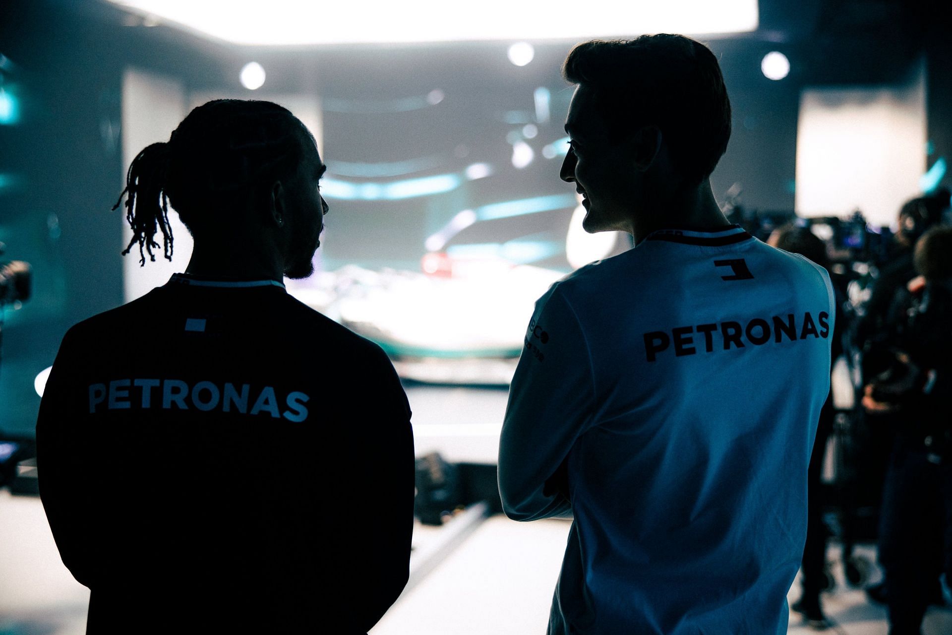 Lewis Hamilton (left) and George Russell (right) ahead of the Mercedes 2022 launch
