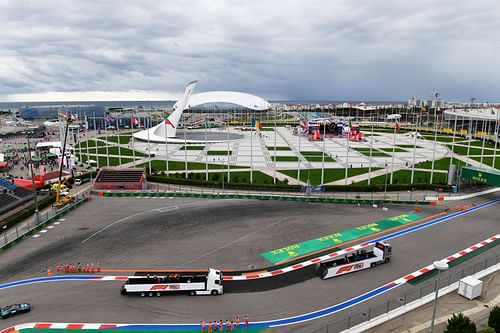 A general view of the drivers' parade before the 2021 F1 Grand Prix of Russia at Sochi Autodrom (Photo by Rudy Carezzevoli/Getty Images)