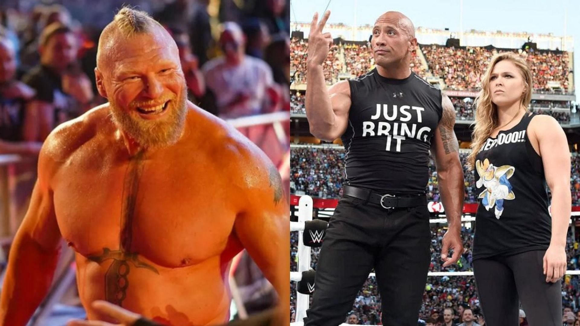 Brock Lesnar (left), The Rock, and Ronda Rousey (right)