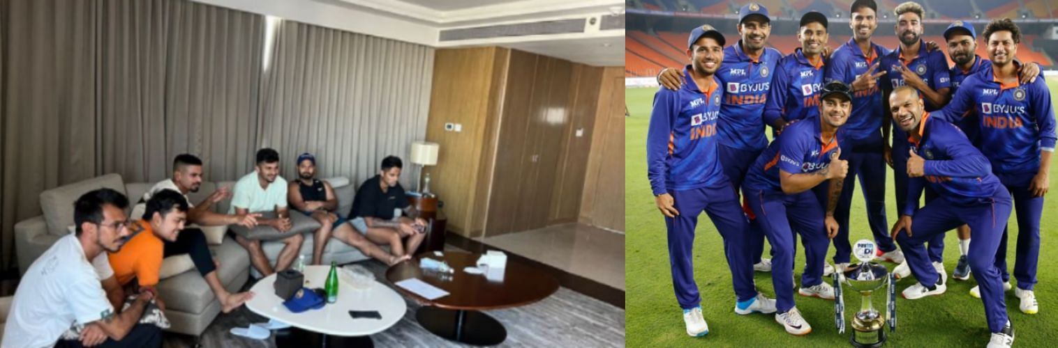 (Left) Team India members watching the IPL auction; (Right) India celebrate after series win over West Indies.