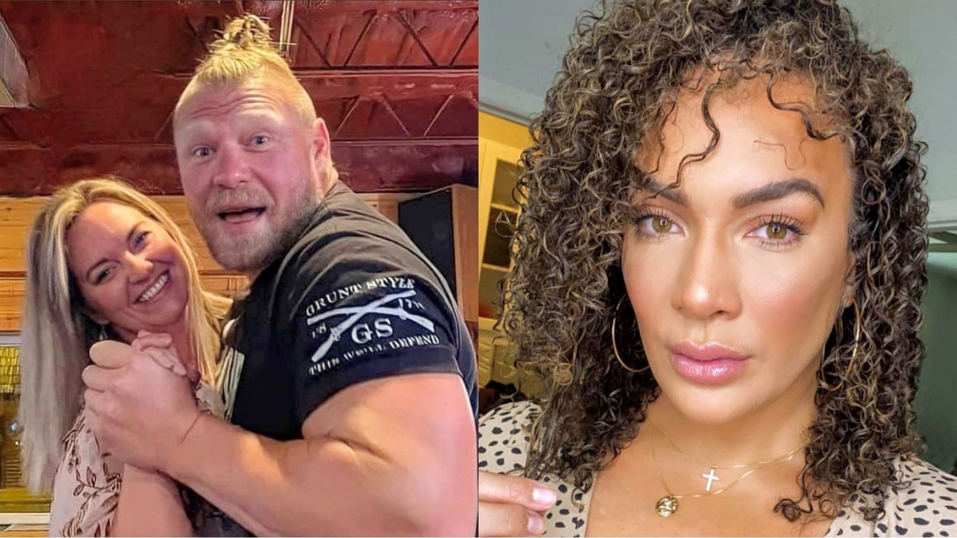 Brock Lesnar dancing with a friend (left); Nia Jax (right)