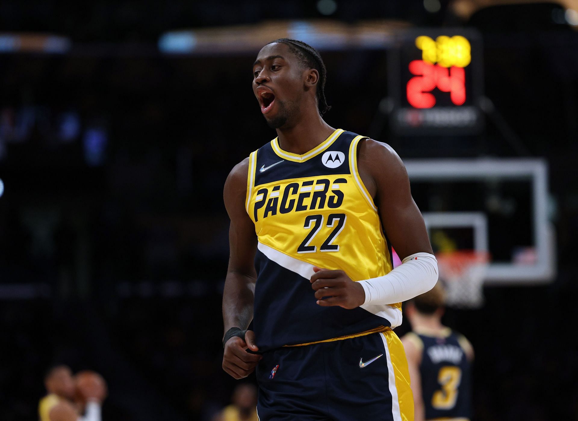 Caris LeVert of the Indiana Pacers celebrates a 3-pointer during a 111-104 win over the LA Lakers at Crypto.com Arena on Jan. 19 in Los Angeles, California.