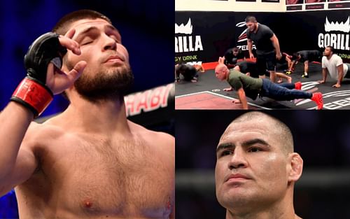 Khabib Nurmagomedov (left, image courtesy of Getty); Nurmagomedov correcting Velasquez (top right, image courtesy of @akajav Instagram); Cain Velasquez (bottom right, image courtesy of Getty)