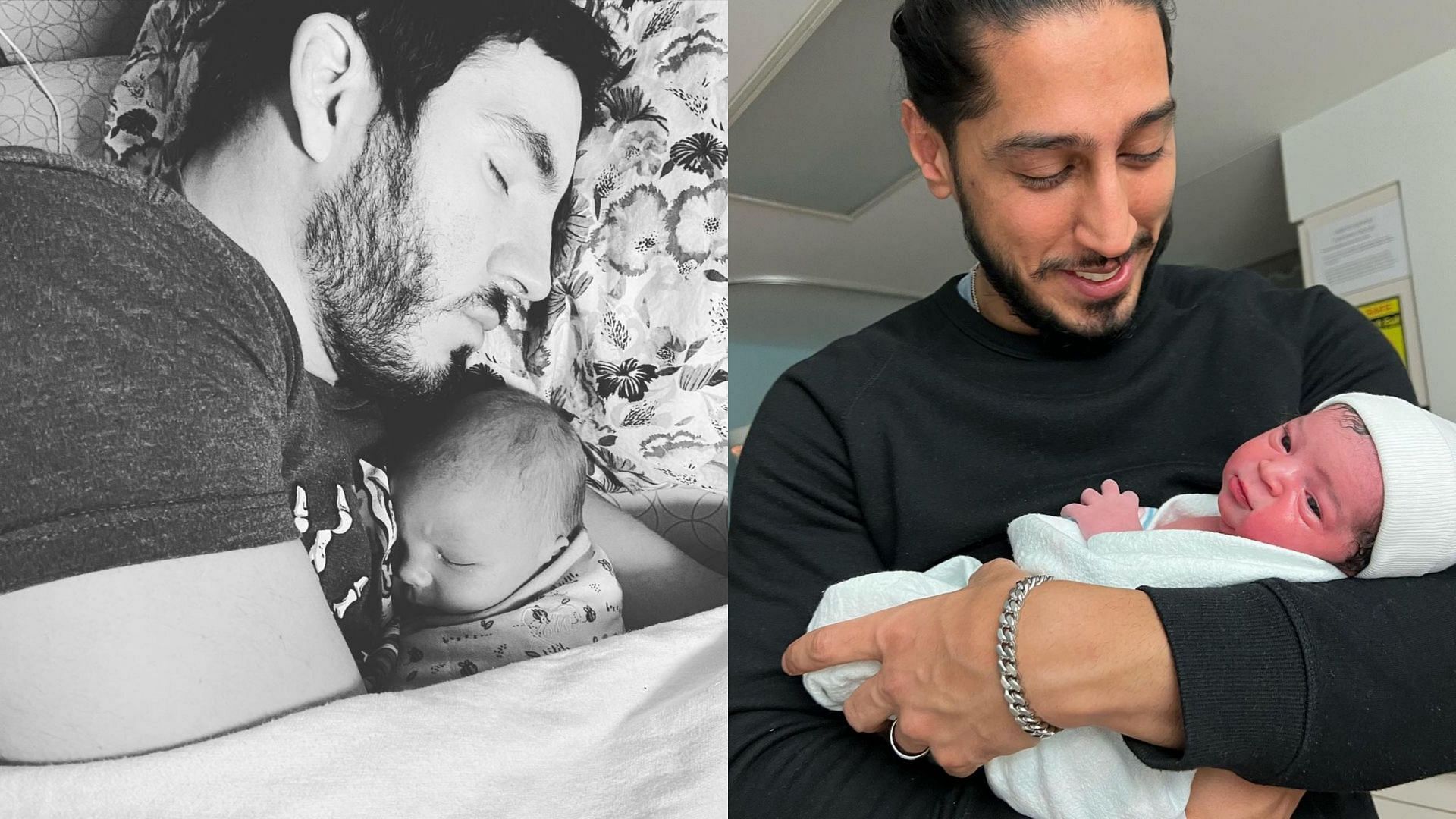Johnny Gargano with his son (left) and Mustafa Ali with his daughter (right)
