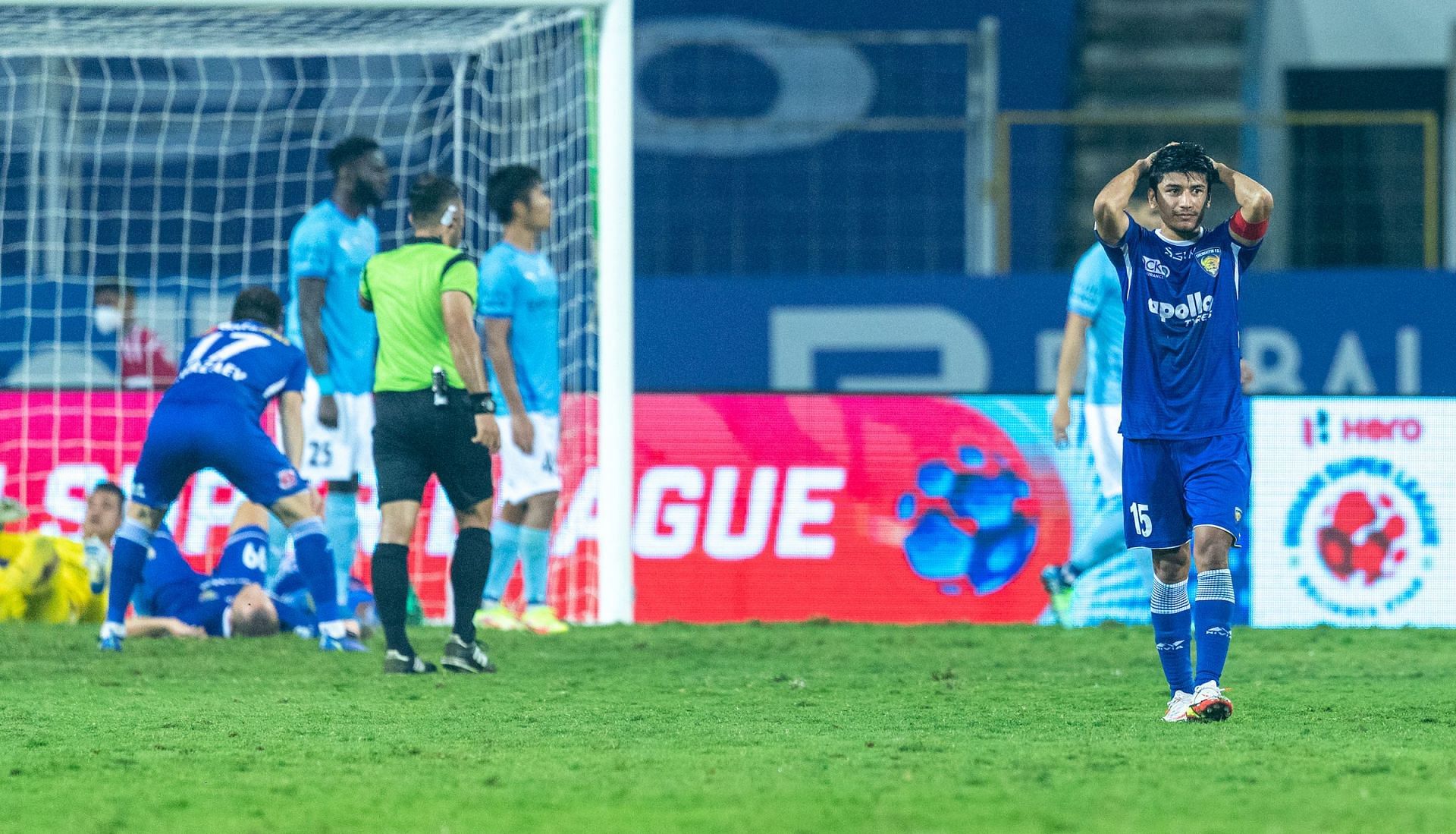 Heartbreak for the Chennaiyin FC players and captain Anirudh Thapa after a tough game against Mumbai City FC. (Image Courtesy: ISL Media)