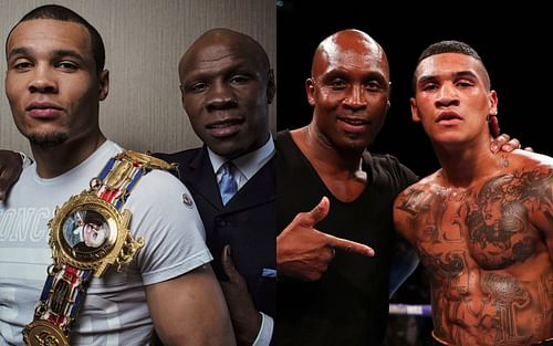 Chris Eubank Jr with Chris Eubank Sr, (left), and Conor Benn with Nigel Benn (right)