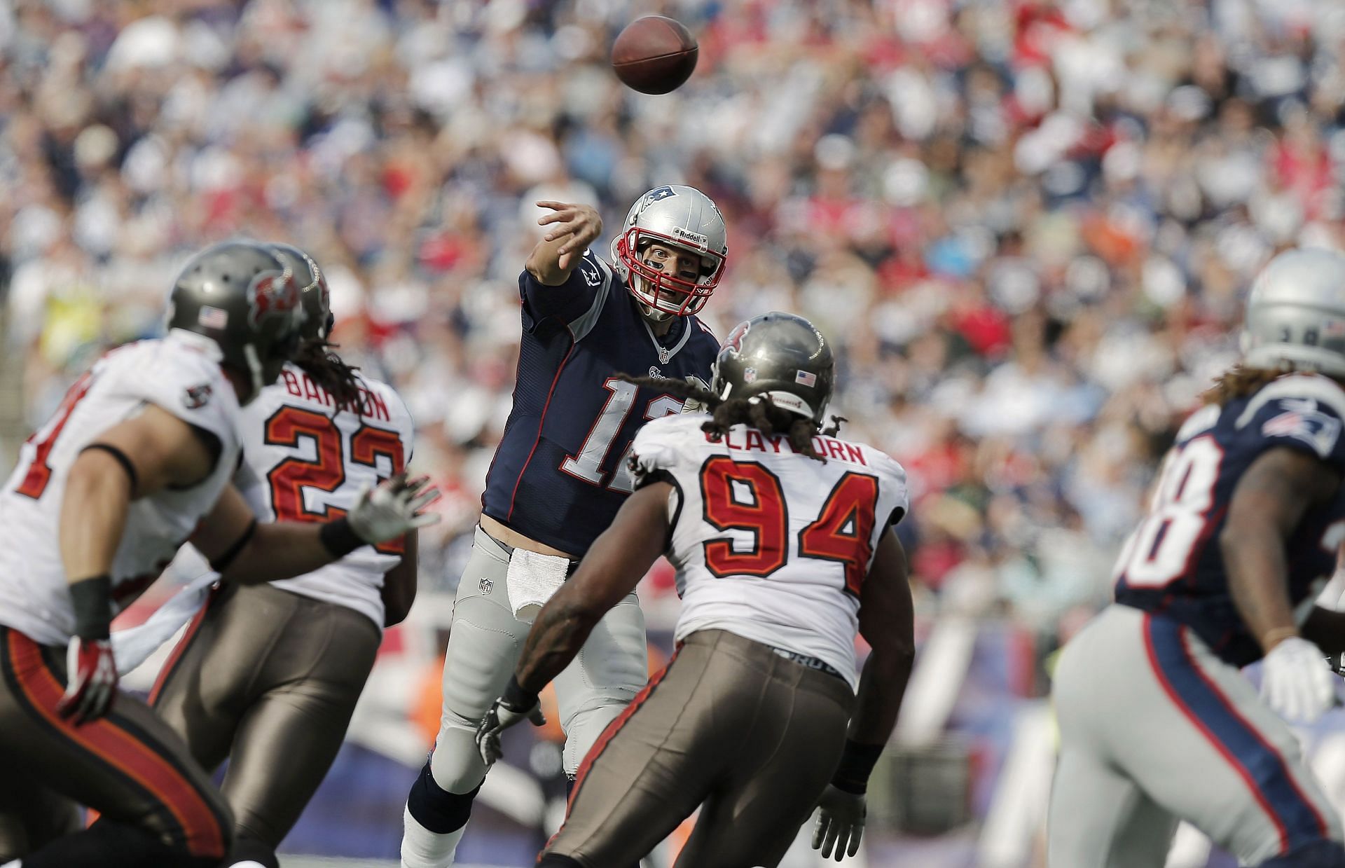 Brady releases a pass against the Tampa Bay Buccaneers