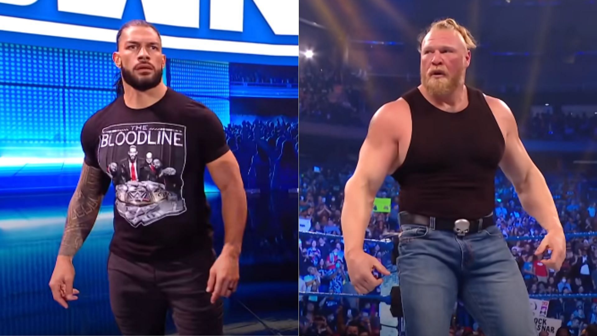 Roman Reigns (left); Brock Lesnar (right)