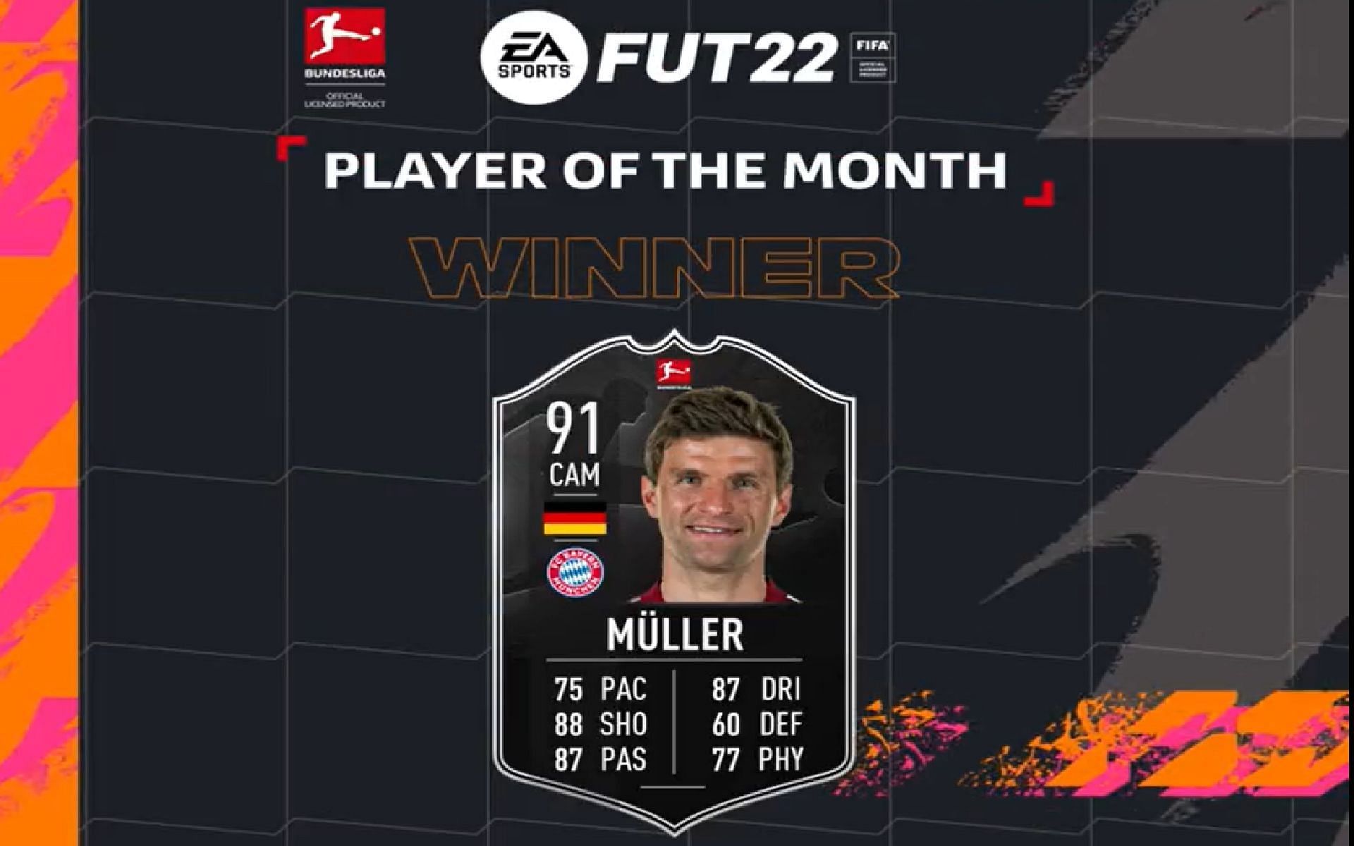 Thomas Muller Player of the Month (POTM) SBC in FIFA Ultimate Team (Image via Twitter/@EASPORTSFIFA)