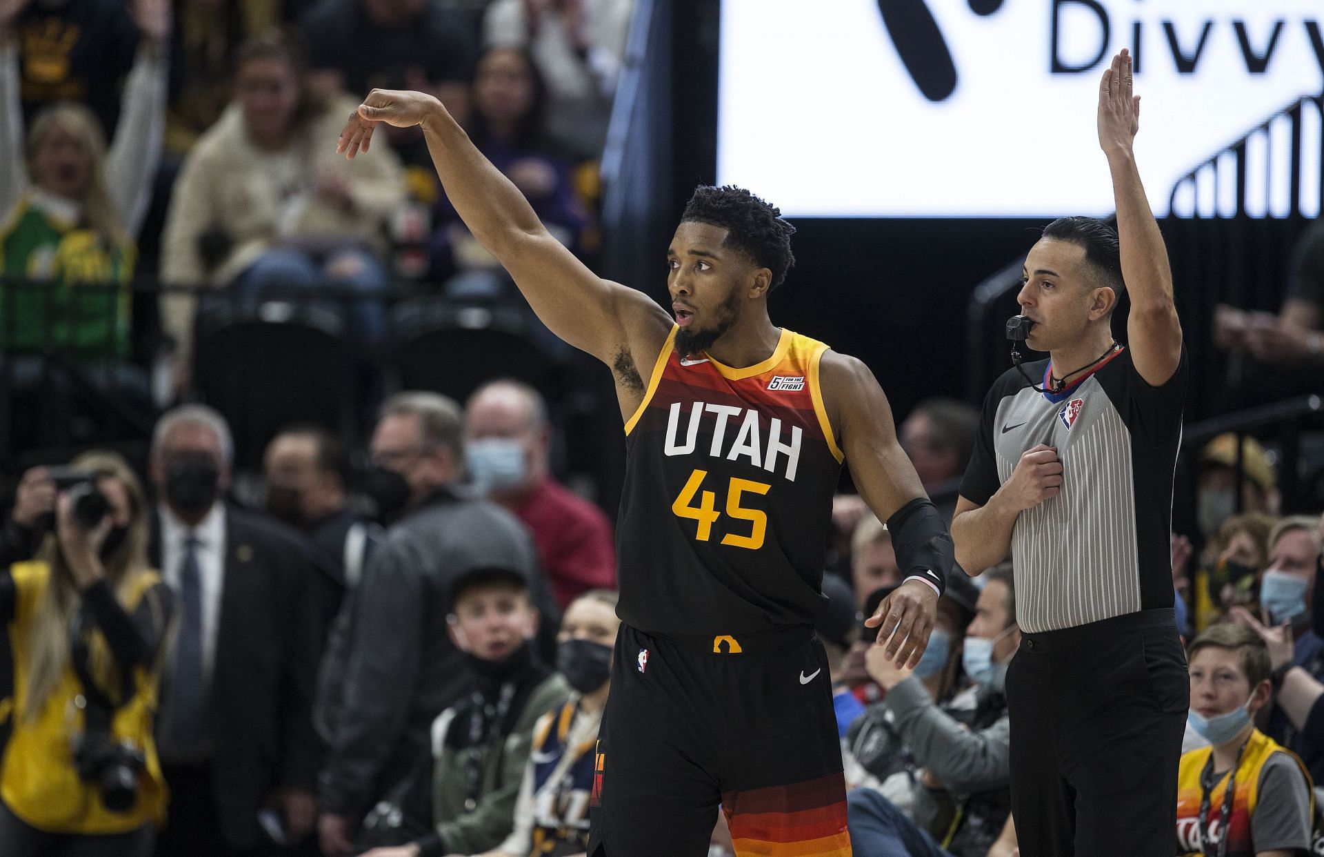 Donovan Mitchell #45 of the Utah Jazz reacts as he watches a shot go in the basket agaisnt the Brooklyn Nets during the second half of their game February 4, 2022 at the Vivint Smart Home Arena in Salt Lake City, Utah.