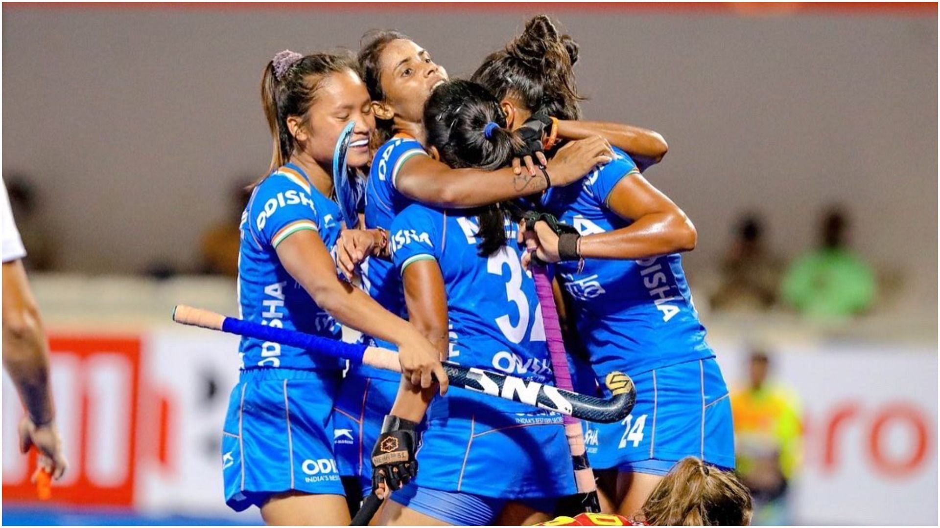 The Indian women&#039;s hockey team celebrating their win. (Pic Credit: Hockey India)