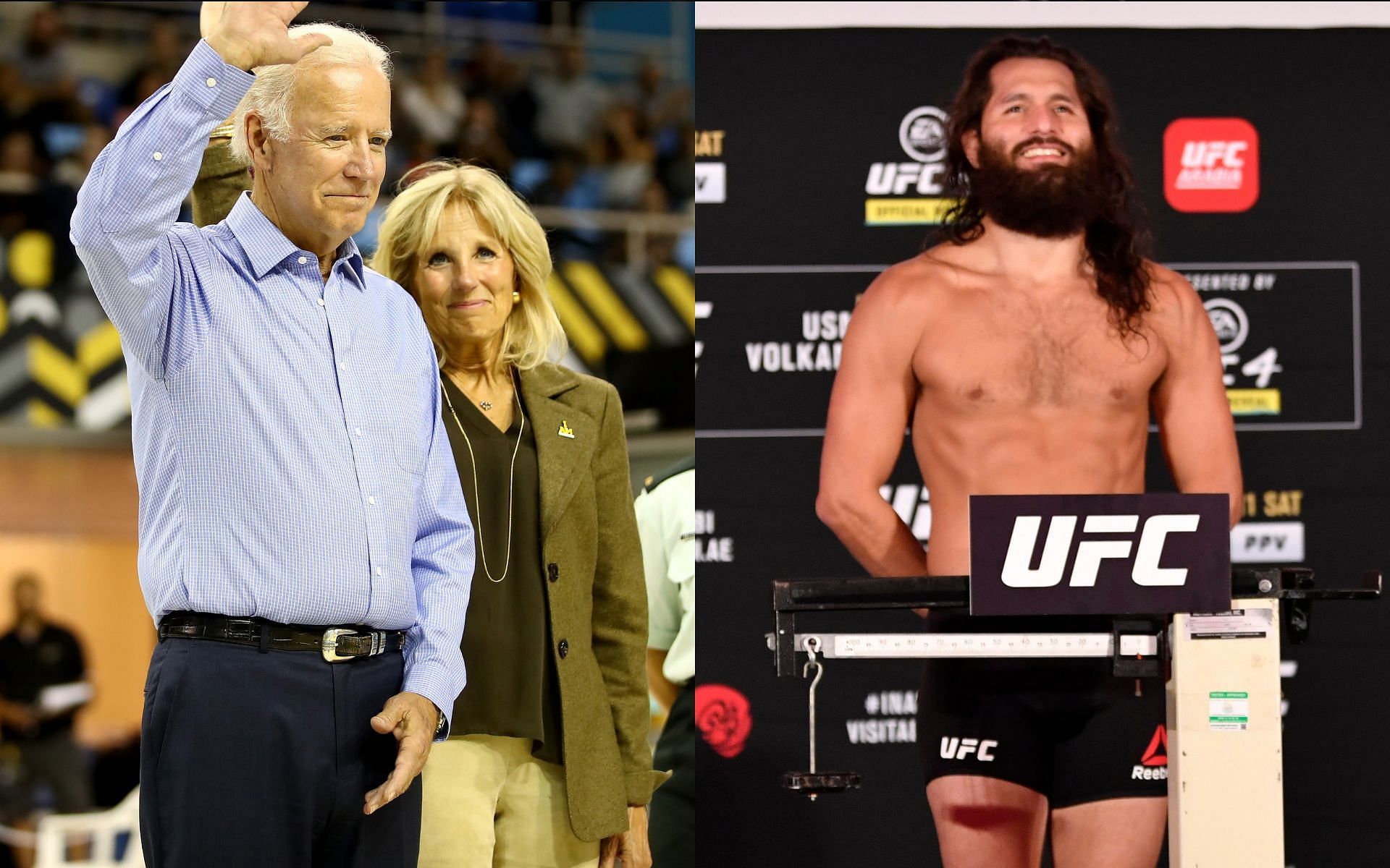 Joe Biden at an election rally (left) and Jorge Masvidal at a UFC pay-per-view&#039;s weigh-in (right)