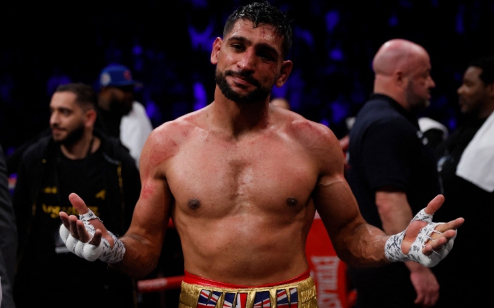 Amir Khan in the ring following his fight against Kell Brook